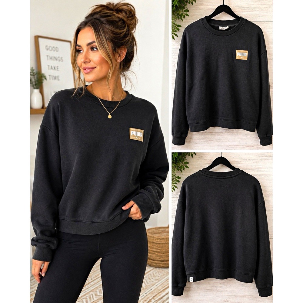 PUMA Womens Black Crew Neck Logo Pullover Sweatshirt Long Sleeve Small